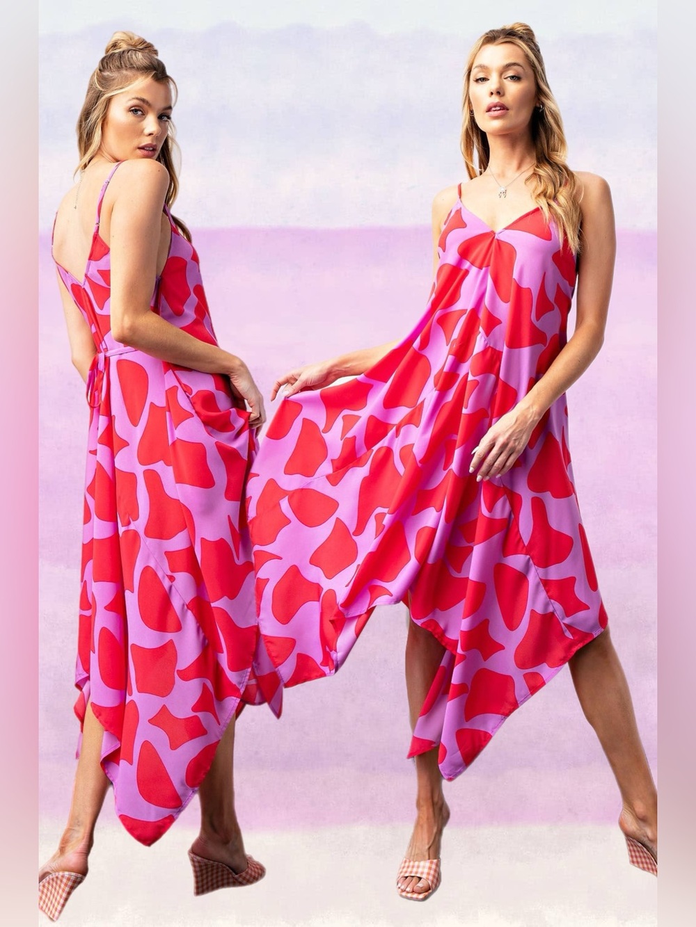 Easel | Soleil Asymmetrical Handkerchief Hem Midi Maxi Midaxi Dress Lilac Coral